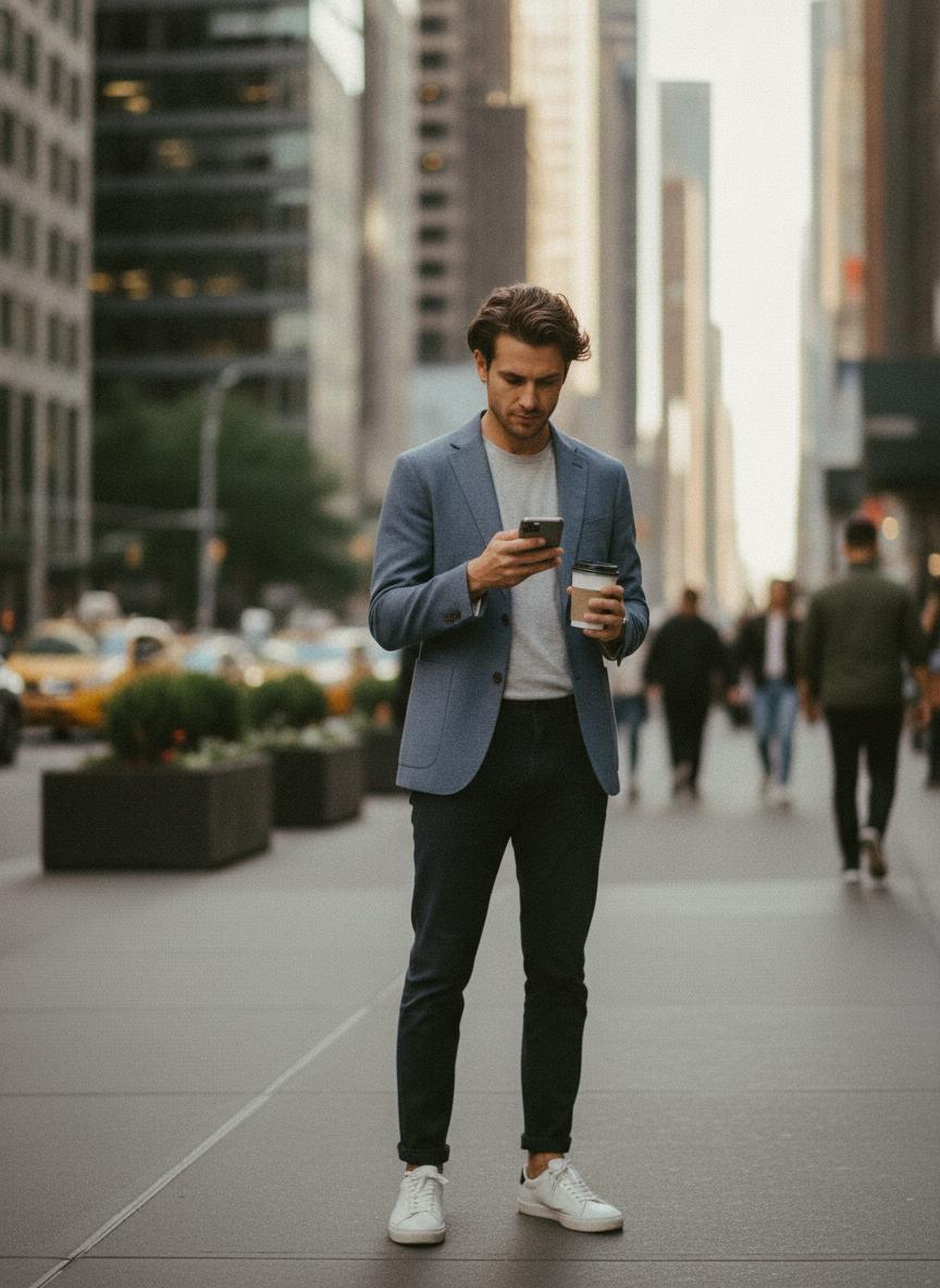 A man checking live exchange rates on his phone on a city street