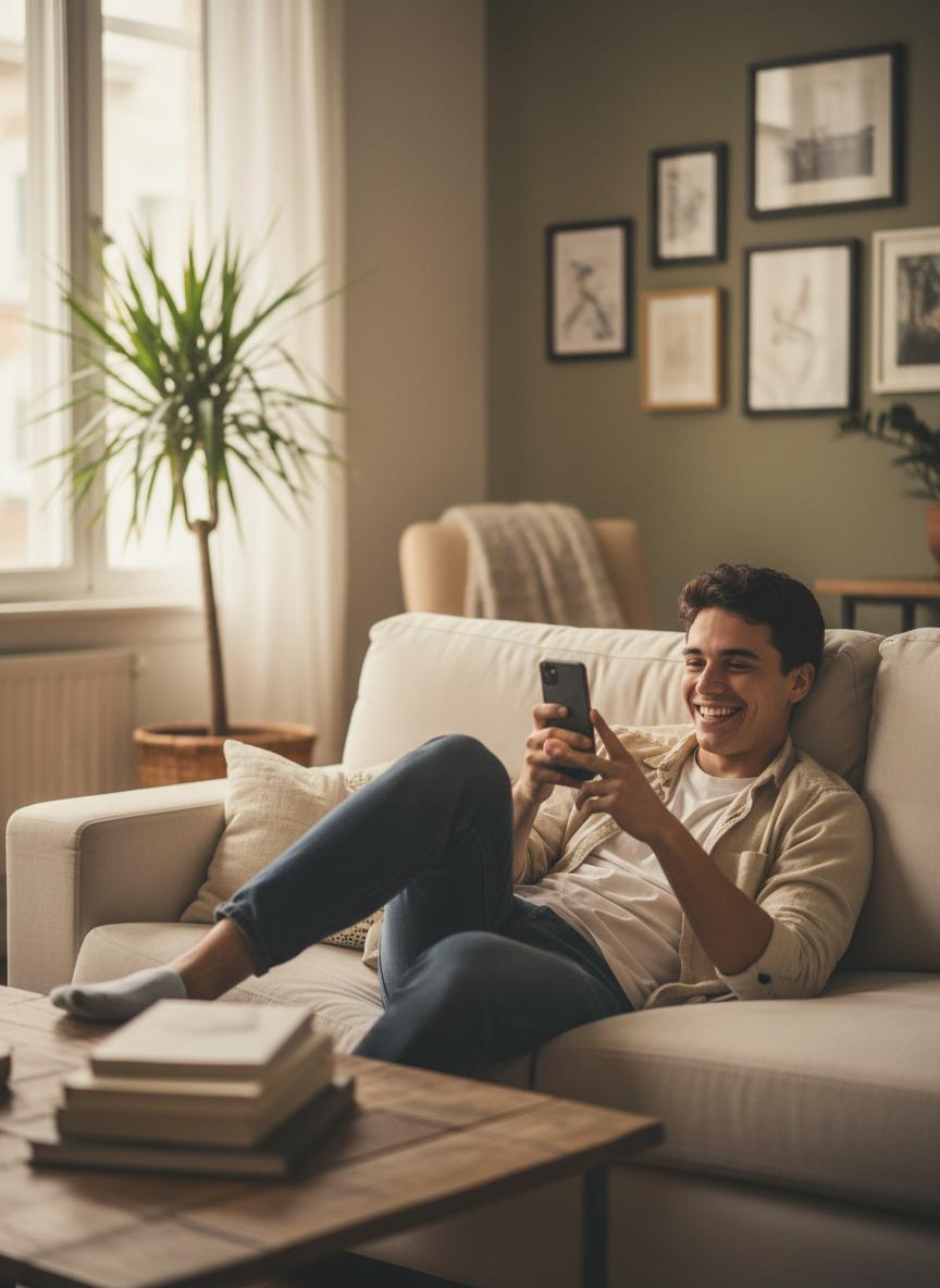 A man relaxing on a sofa while sending money on his phone