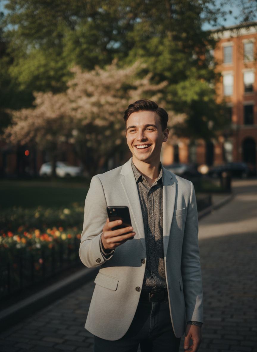 A smiling customer holding his phone outdoors